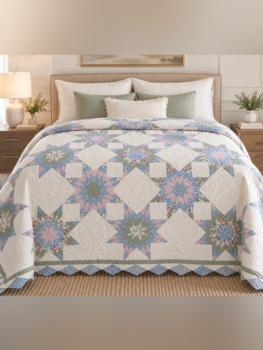 Star Patchwork Cotton Quilt in White with Blue, Pink & Green Accents
